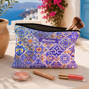 Mediterranean Sicilian Purple Blue Tiles Floral Accessory Pouch