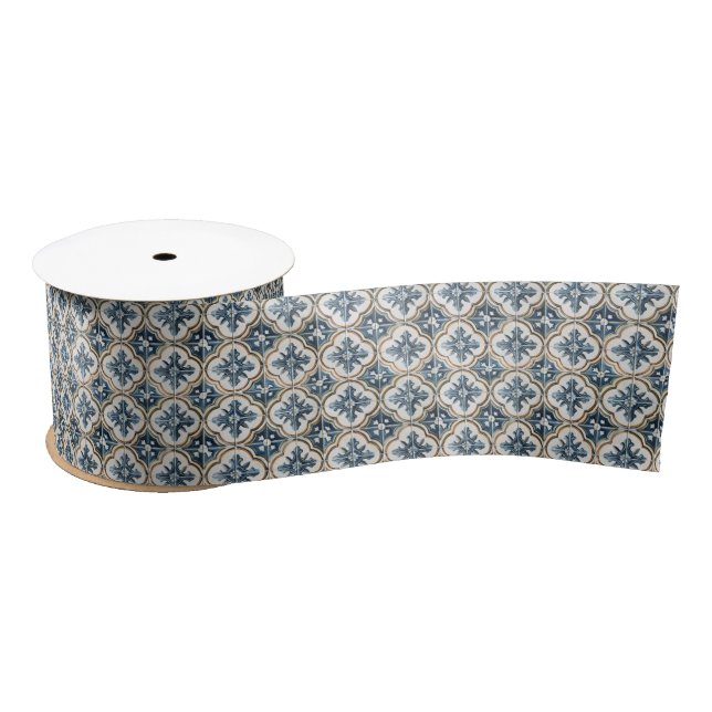 Mediterranean Spanish Tile Pattern Gold Blue Satin Ribbon (Spool)