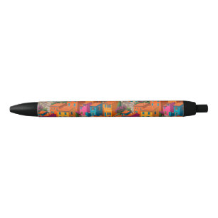 Mediterranean Streets — Colorful Houses Pattern Black Ink Pen