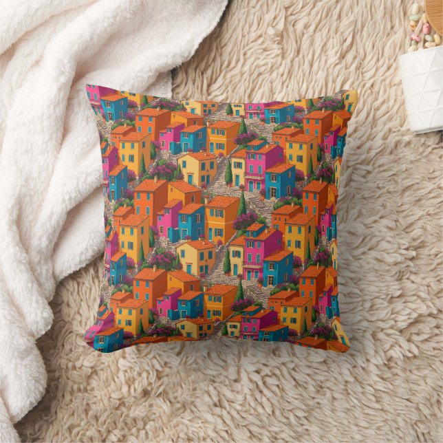 Mediterranean Streets — Colorful Houses Pattern Cushion (Blanket)