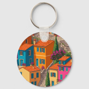 Mediterranean Streets — Colorful Houses Pattern Key Ring