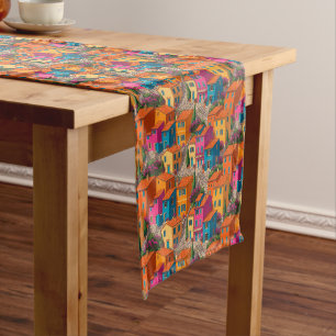 Mediterranean Streets — Colorful Houses Pattern Long Table Runner