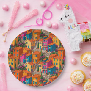 Mediterranean Streets — Colorful Houses Pattern Paper Plate