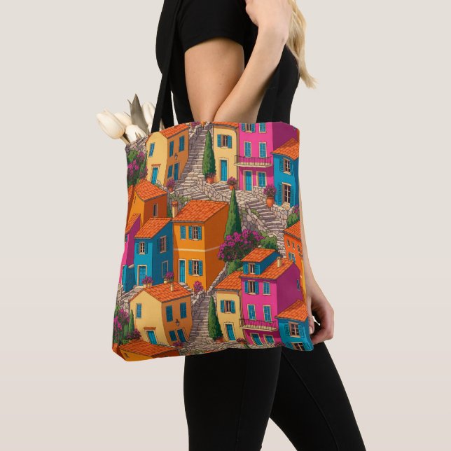 Mediterranean Streets — Colorful Houses Pattern Tote Bag (Close Up)
