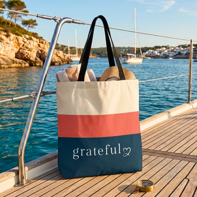 Mediterranean Striped Navy Coral Grateful Tote Bag (Creator Uploaded)