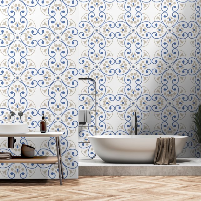 Mediterranean style blue floral wallpaper  (Bathroom)