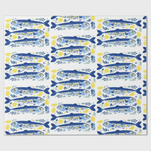 Mediterranean Summer Blue and Yellow Sardines Wrapping Paper