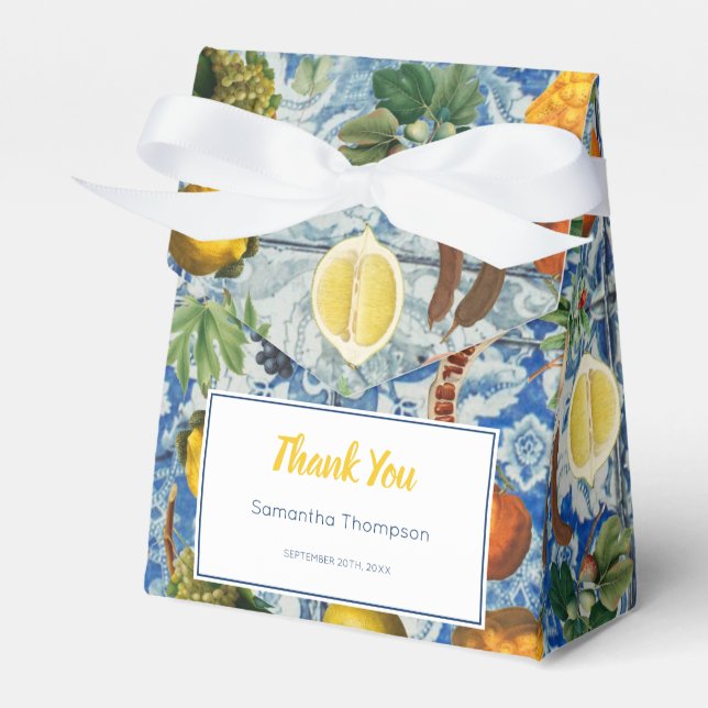 Mediterranean Summer Fruit Blue Mosaic Baby Shower Favour Box (Front Side)