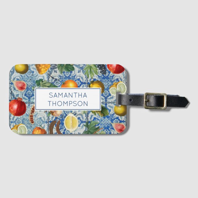 Mediterranean Summer Fruit Blue Mosaic Luggage Tag (Front Horizontal)
