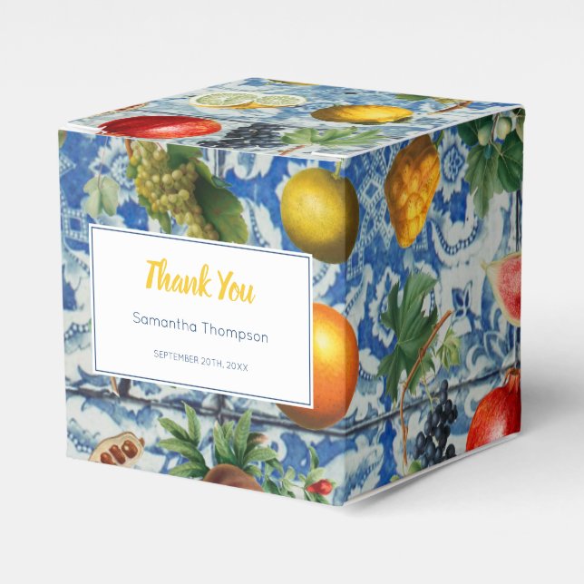 Mediterranean Summer Fruit Blue Mosaic Wedding Favour Box (Front Side)