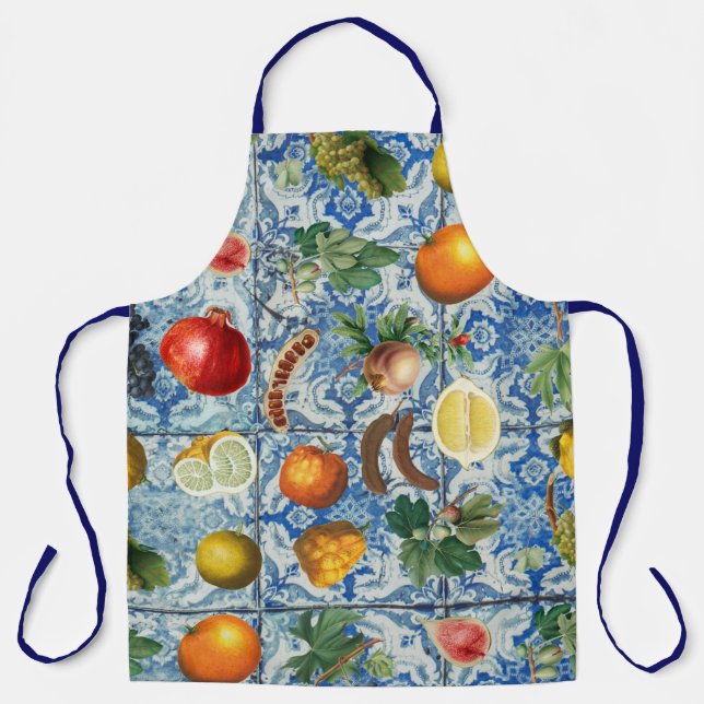 Mediterranean Summer Fruit & Blue White Mosaic Apron (Front)