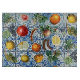 Mediterranean Summer Fruit & Blue White Mosaic Cutting Board