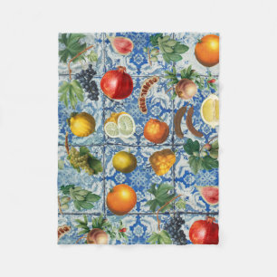 Mediterranean Summer Fruit & Blue White Mosaic Fleece Blanket