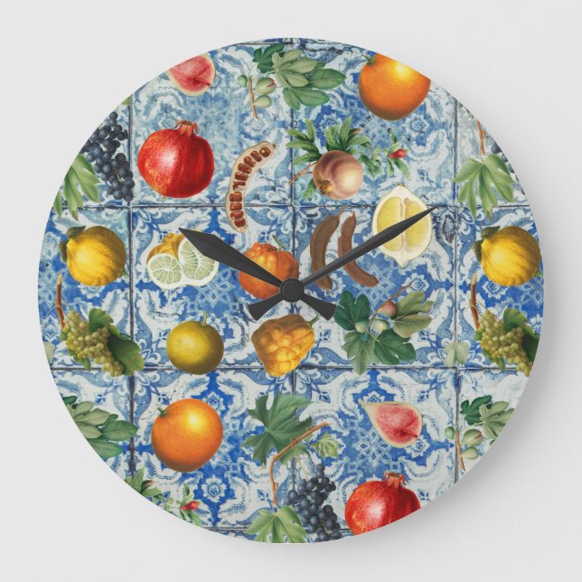 Mediterranean Summer Fruit & Blue White Mosaic  Large Clock (Front)