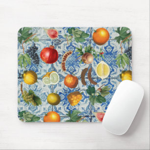 Mediterranean Summer Fruit & Blue White Mosaic Mouse Pad