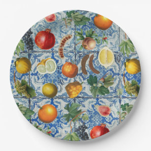 Mediterranean Summer Fruit & Blue White Mosaic Paper Plate