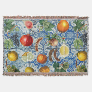 Mediterranean Summer Fruit & Blue White Mosaic Throw Blanket
