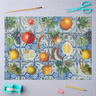 Mediterranean Summer Fruit & Blue White Mosaic Tissue Paper