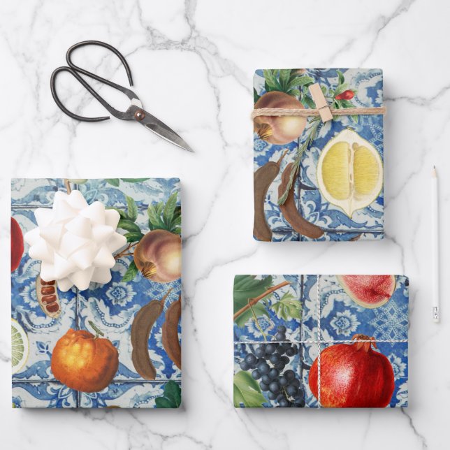Mediterranean Summer Fruit & Blue White Mosaic Wrapping Paper Sheet (Front)