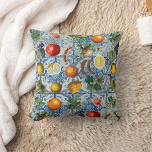 Mediterranean Summer Fruits & Blue White Mosaic  Cushion