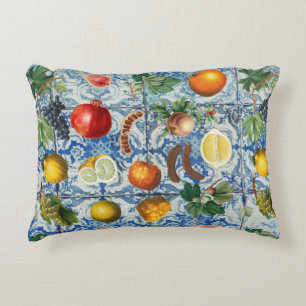 Mediterranean Summer Fruits & Blue White Mosaic  Decorative Cushion
