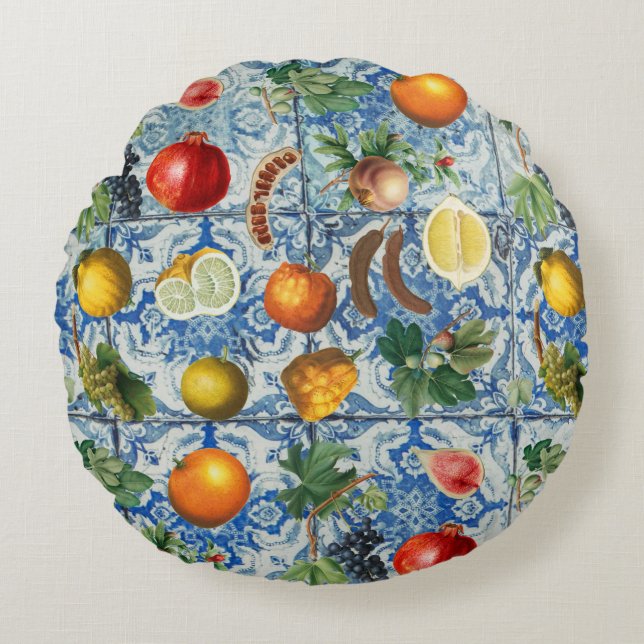 Mediterranean Summer Fruits & Blue White Mosaic  Round Cushion (Front)