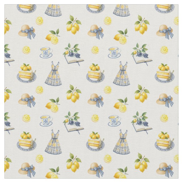 Mediterranean Summer Lemon Pattern  Fabric (Close Up)