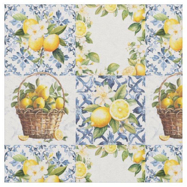Mediterranean Summer Lemon Pattern  Fabric (Close Up)