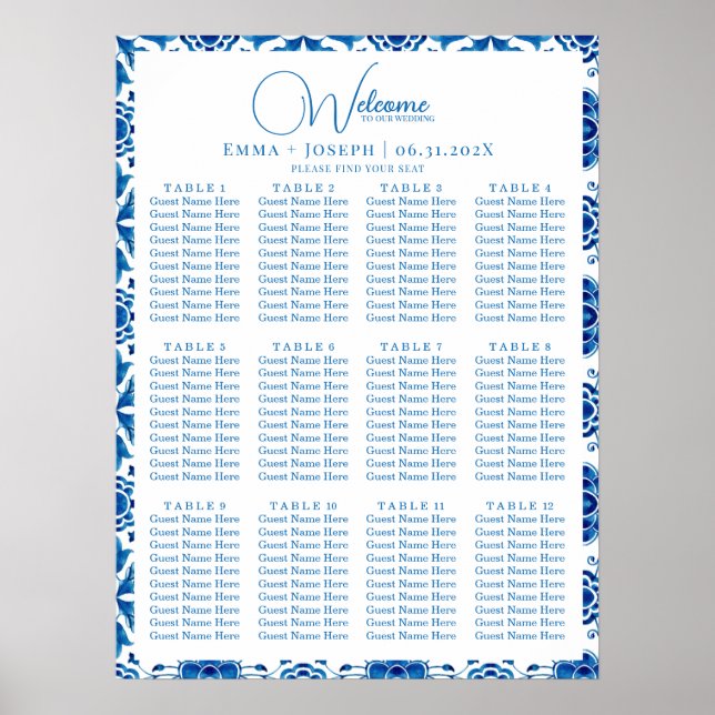 Mediterranean summer modern blue Seating Charts (Front)