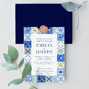 Mediterranean summer modern bright blue Wedding Invitation
