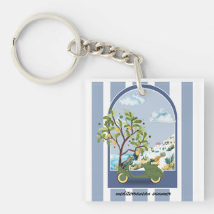 Mediterranean Summer Scooter Coastal Travel Poster Key Ring