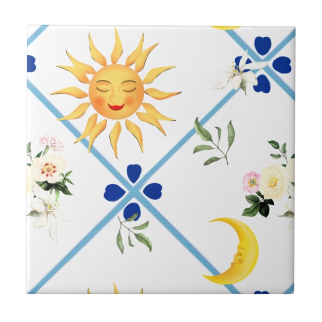 Mediterranean sun,flowers,half moon, ceramic tile (Front)