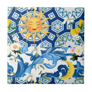 Mediterranean sun,flowers,lemon ,half moon, ceramic tile