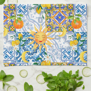 Mediterranean sun,flowers,lemon,half moon, tea towel