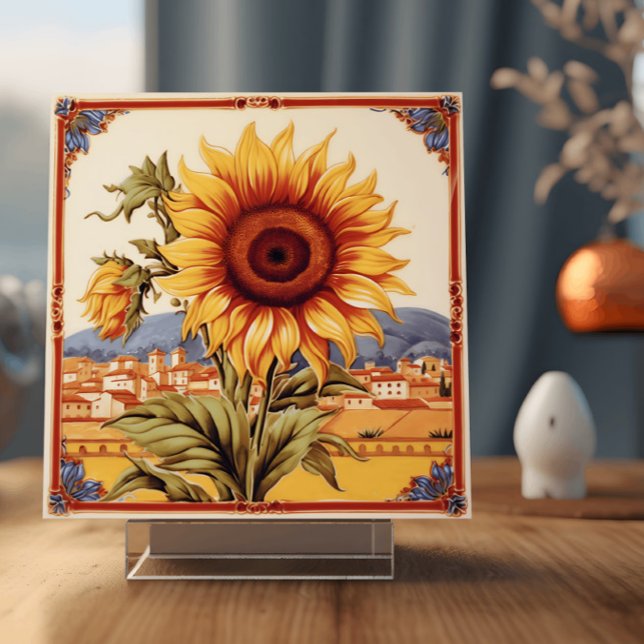 Mediterranean Sunflower Ceramic Tile (Image depicts a ceramic tile with an illustration of a sunflower in a Mediterranean setting)