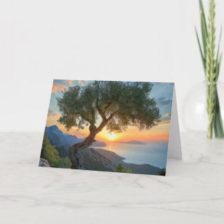Mediterranean Sunset Over The Sea With Olive Tree Card