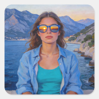 Mediterranean Sunset Reflections – Modern Coastal Square Sticker