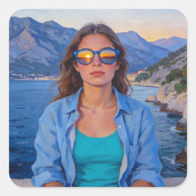 Mediterranean Sunset Reflections – Modern Coastal  Square Sticker (Front)