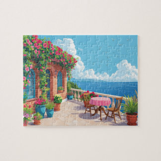 Mediterranean Terrace Ocean View Coastal Art Jigsaw Puzzle