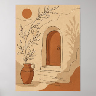 Mediterranean Terracotta Arch Door and Olive Branc Poster