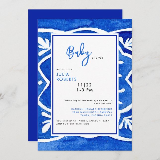 Mediterranean Tile Cobalt Blue Baby Shower  Invitation (Front/Back)