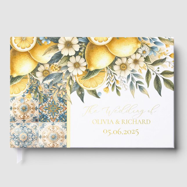 Mediterranean Tile flower Italian Positano Lemon Guest Book (Front)