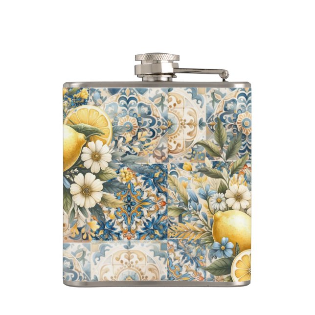 Mediterranean Tile flower Italian Positano Lemon Hip Flask (Back)