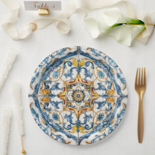 Mediterranean Tile flower Italian Positano Lemon Paper Plate