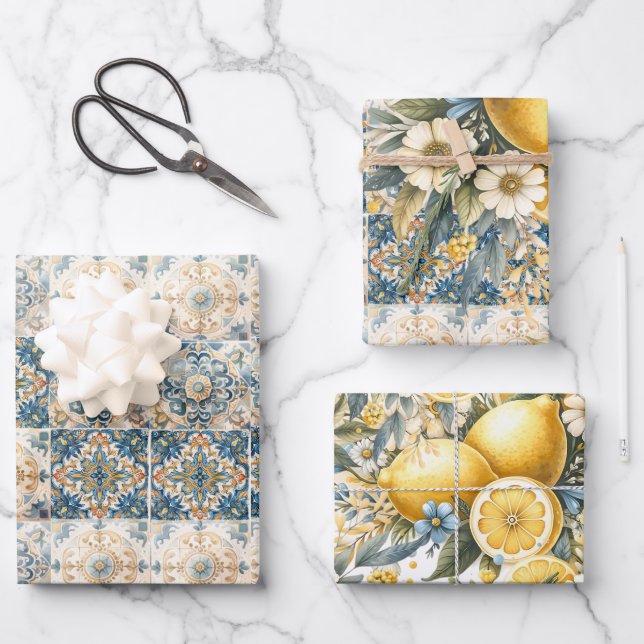 Mediterranean Tile flower Italian Positano Lemon Wrapping Paper Sheet (Front)