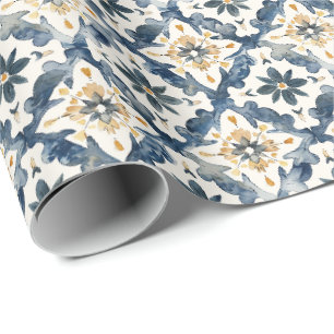 Mediterranean Tile Gift Wrap, Blue and Gold Wrapping Paper