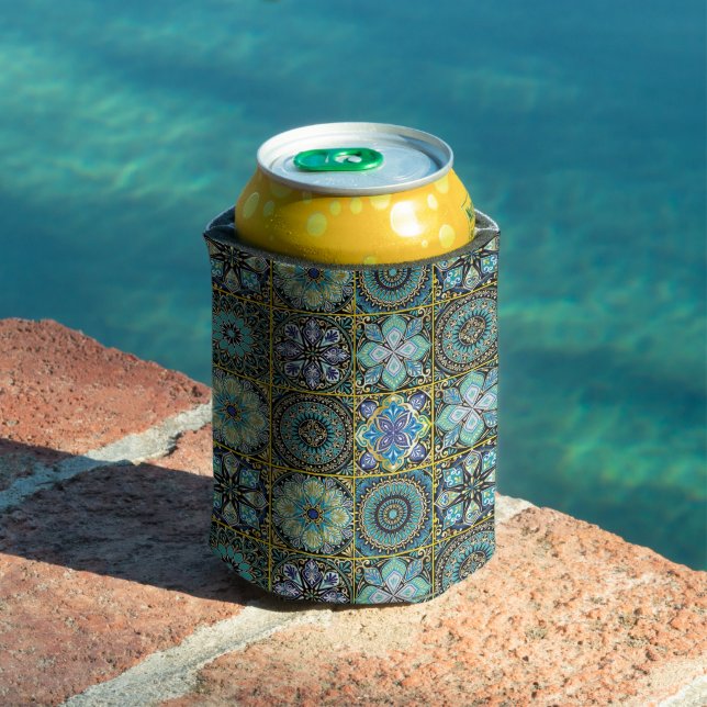 Mediterranean Tile In Blue Green Personalise Text Can Cooler (In Situ Pool)