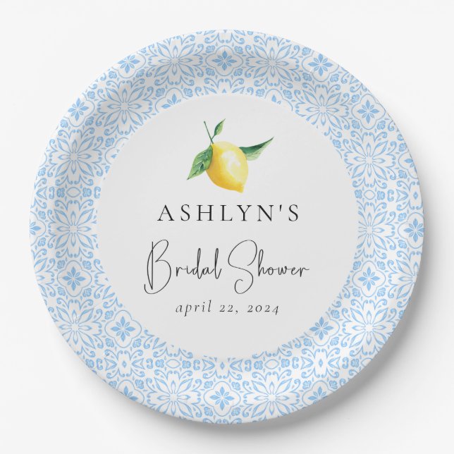 Mediterranean Tile Lemon Bridal Shower Paper Plate (Front)