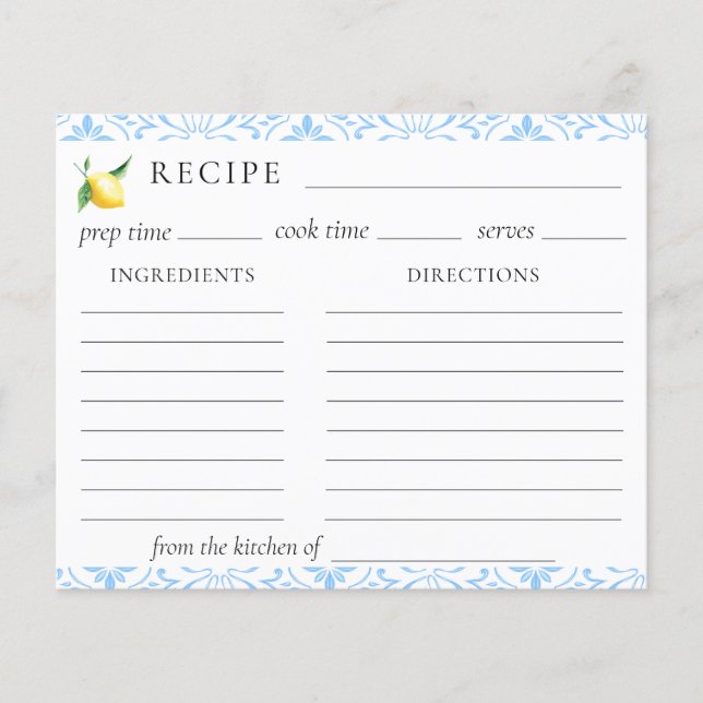 Mediterranean Tile Lemon Bridal Shower Recipe Card (Front)
