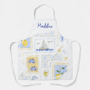 Mediterranean Tile Lemon Coastal Custom Name Apron